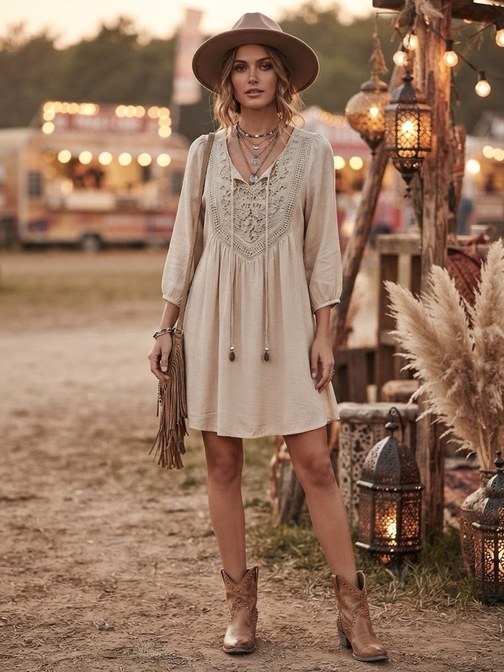 Beige Crochet Yoke Boho Tunic size Large - Nashville Ready!